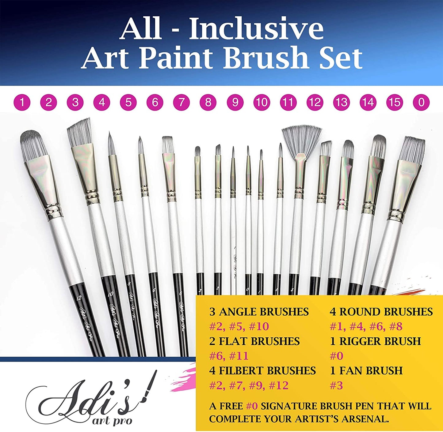 Adi’s art pro 15-piece Long handle paint brushes set