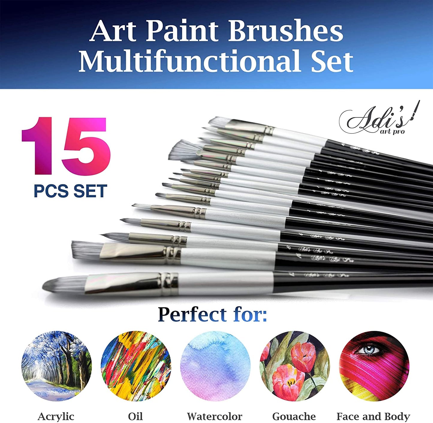 Adi’s art pro 15-piece Long handle paint brushes set