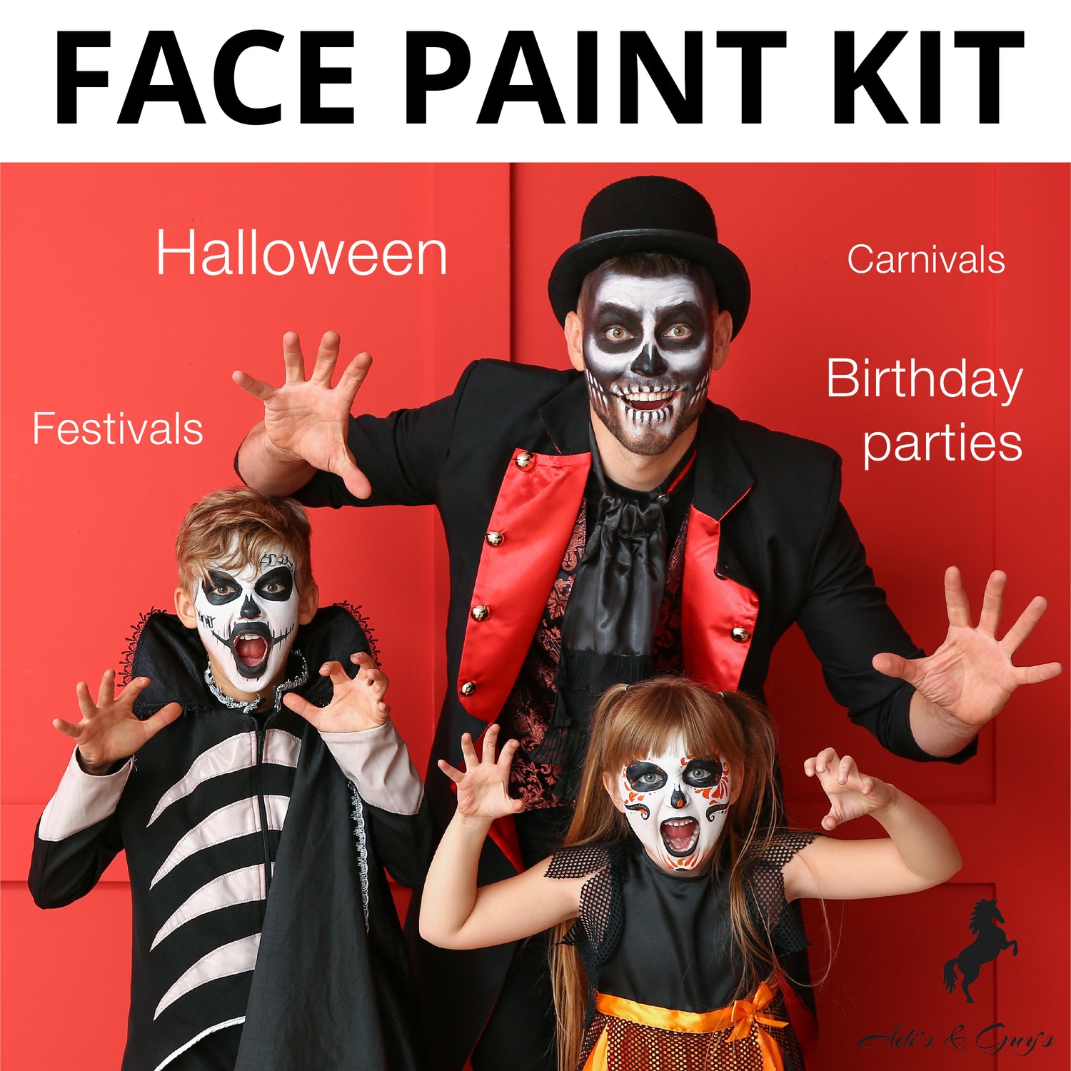 Face Paint Kit for Kids - 58 PCS. Set with Water Based - Quick Dry - Non-Toxic Sensitive Skin Paints - Glitters - Sponge Applicators - Professional